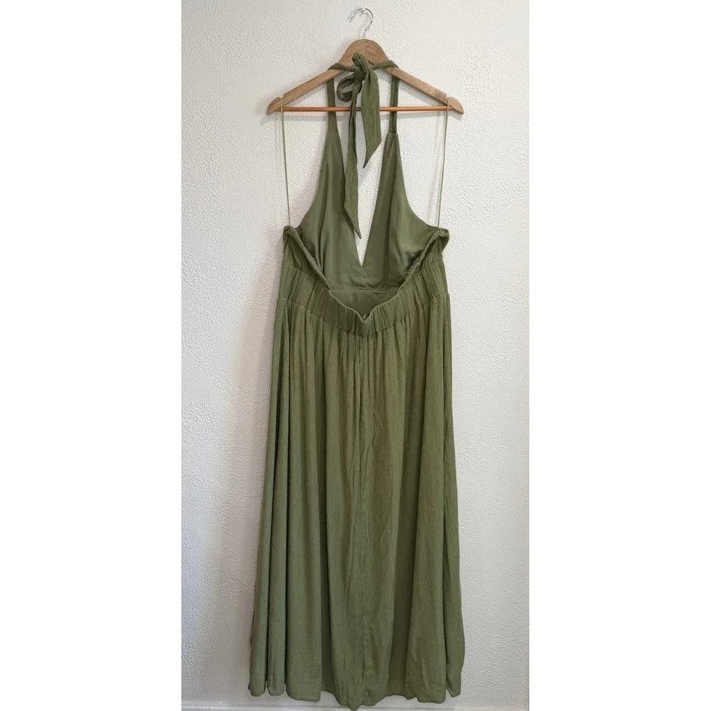 Abercrombie & Fitch Olive Green Halter Maxi Dress Textured V-Neck Slit XL Fall